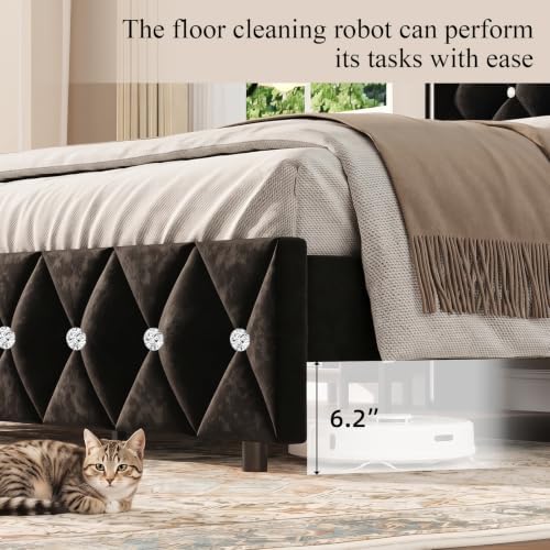 HOMBCK Full Bed Frame with Velvet Headboard, Silverside Wingback, Black
