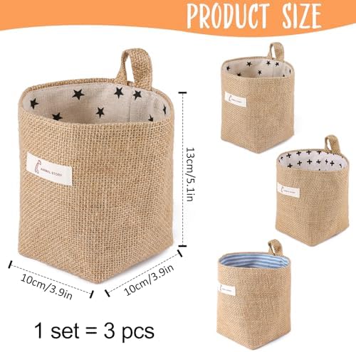 3 PCS Mini Hanging Storage Bag Cotton Linen Small Storage Basket Wall Hanging Storage Pouch Foldable Storage Box Family Organizer Decorative Bag for Key Snack Wallet on Door Closet (A)
