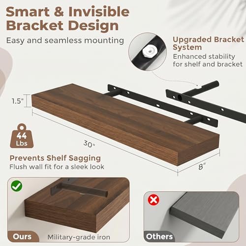 30 Inch Floating Shelves for Wall, 8"D Wood Storage Shelves, Walnut Finish