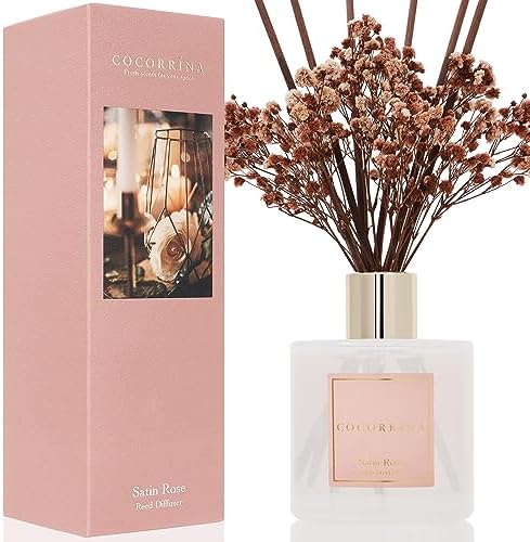 Cocorrína Reed Diffuser Sets- Satin Rose Scented Diffuser with Sticks Home Fragrance Reed Diffuser for Bathroom Shelf Decor