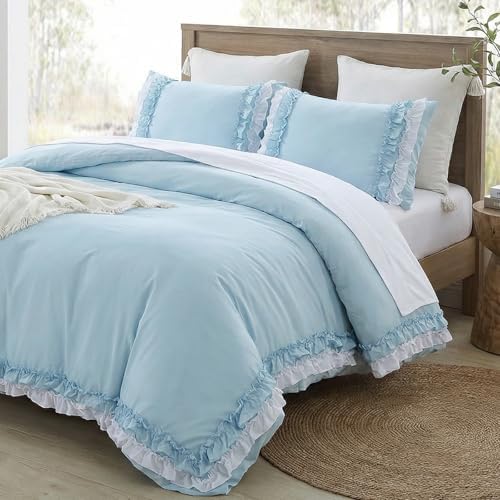 Bedrom Light Blue Duvet Cover Twin Ruffled Bedding Set Elegant Ruffle Lace Bedroom Decor Shabby Chic Farmhouse Style Blue Boho Duvet Cover Set