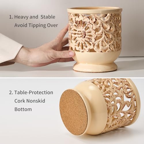 Farmhouse Kitchen Utensil Holder for Countertop, Ceramic Large Cooking Utensil Crock with Cork Mat, Decorative Rustic Utensil Holder for Kitchen Counter, Hollow Carving Flower, Beige