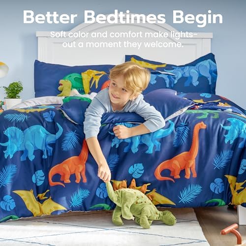 Joiedomi Kids Comforter Set Bedding Set for Boys Girls Super Soft Microfiber Bed in a Bag with Comforter Sheets Pillowcase Sham, Dark Blue Dinosaur, Full