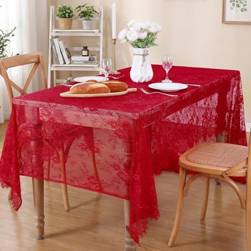 Red Lace Tablecloth 60x120 Inch Rectangular Embroidered Floral Table Cover