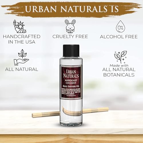 Urban Naturals Reed Diffuser Oil Refill, Mahogany Coconut Diffuser Oils with Sandalwood, Coconut, Oakmoss, 4 oz + Free Reed Sticks, Made in the USA