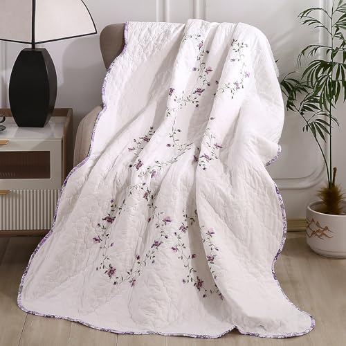 vctops 100% Cotton Quilted Throw Blanket 50x60 Inch Floral Embroidered Reversible Patchwork All Season Throw (Purple,50"x60")