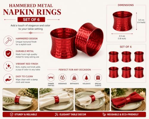 ITOS365 Red Napkin Rings Set of 6, Handmade Hammered Metal Napkin Ring Holders for Dining Table, Wedding, Parties & Everyday Table Decor