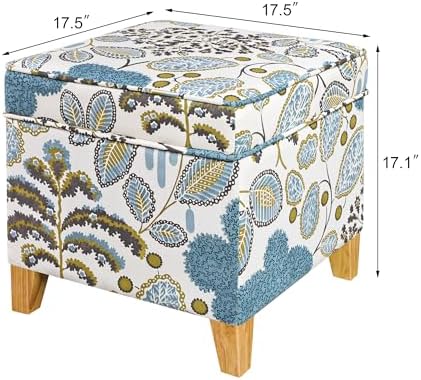 Adeco 18 Inch Linen Storage Ottoman Cube, Upholstered Footstool for Living Room & Bedroom, Vanity Stool with Safety Hinge Lid & Solid Wood Legs, 2-Min Assembly, Blue Leaves