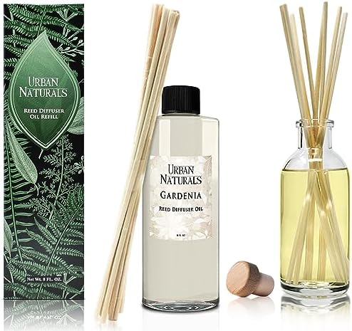 Urban Naturals Reed Diffuser Oil Refill Gardenia with Jasmine, Ylang Ylang, Tuberose, Amber 8 oz + Free Reed Sticks, Made in the USA