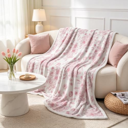 Botanical Floral Blanket, Soft, Flannel, Warm, Boho Floral Bed Blanket All Season Flower Throw Blanket for Couch Bedroom Living Room, Pink 50X60 Inch
