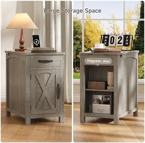 ONBRILL Farmhouse End Table with Charging Station,Grey