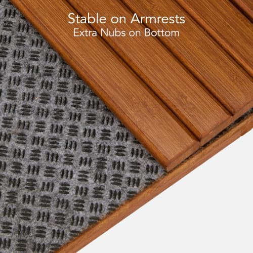 DETOR Couch Arm Tray with Spacious 12.4" x 5.4" Storage Box, Acacia Stained Bamboo Finish, Enhanced Non-Slip Felt Bottom, Sturdy Bamboo Slats, Fits Armrests 6" and Wider