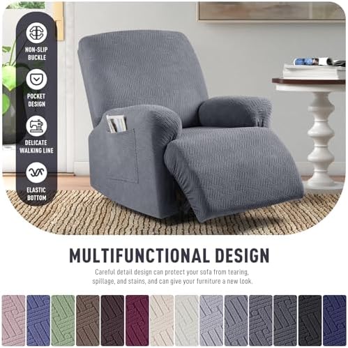 KinCam Recliner Covers, Stretch Reclining Chair Covers, Recliner Sofa Slipcovers Stripe Jacquard Recliner Couch Covers Furniture Protector Covers (1 XL Seater, Dark Gray)