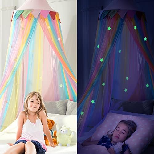 LOAOL Bed Canopy for Kids, Girls Room Decor, Rainbow Gradient Mesh Net