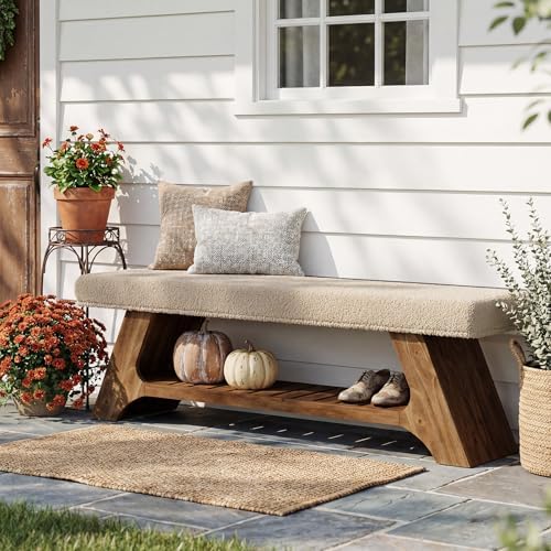 Tribesigns 55" Solid Wood Bench with Cushion, Upholstered Entryway Bench
