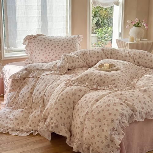 Pink Floral Muslin Duvet Cover King with Ruffles,Tuberose,No Pillow