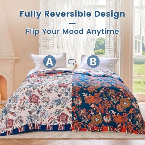 MSGKV Boho Throw Blanket 60"x80" 100% Cotton Farmhouse Floral Blanket