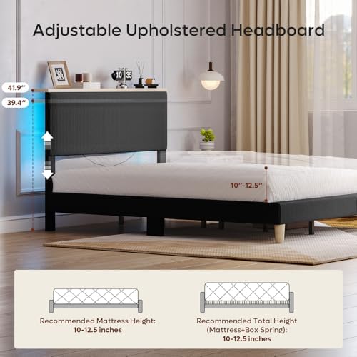 Bestier Full Bed Frame with Adjustable Headboard & LED, Upholstered, Black