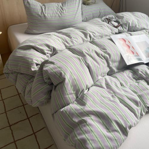 AOJIM Striped Duvet Cover Full 100% Washed Cotton 3 Pieces Vintage Bedding