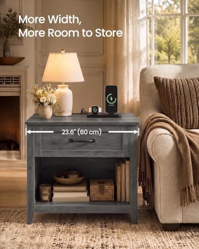 VASAGLE Farmhouse Nightstand with Charging Station, Drawer and Open Shelf