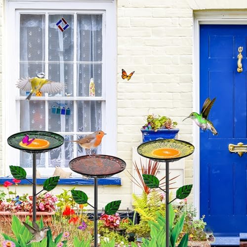 4 Pack Bird Bath for Outside, Birdbath & Feeder Bowl with Metal Stakes