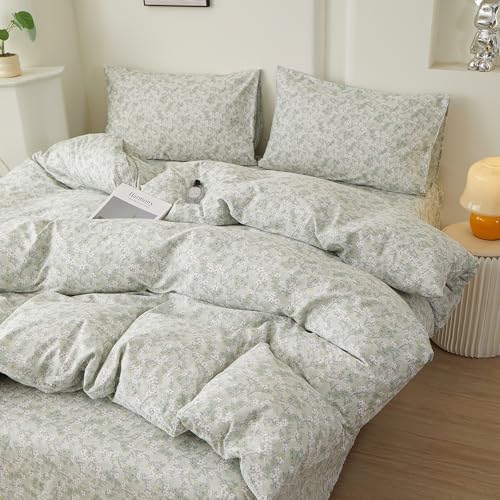HighBuy Green Floral Duvet Cover Set King 100% Cotton Soft,Boho Chic Cottagecore White Floral Bedding Comforter Cover Set Vintage Decor Design -(1 Duvet Cover with 2 Pillow Shams)