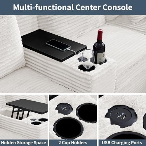 LEVNARY Modular Lift-Top Console with USB Charging and Cup Holders, Center Storage Module for Modular Reclining Sofa (White)