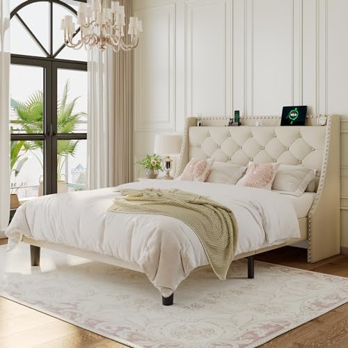 Einhomn Full Size Bed Frame with Wingback Button Tufted Storage Headboard and Type AC Ports, Upholstered Platform Bed, Wooden Slats Support, No Box Spring Needed, Noise-Free, Beige