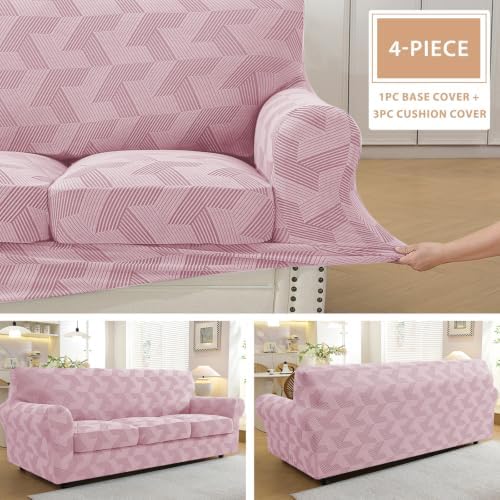 ZNSAYOTX 4 Piece Stretch Couch Covers (72"-90") New-Rectangle Texture, Thick Sofa Covers for 3 Cushion Couch Universal Sofa Slip Cover with Elastic Bottom & Buckle, Washable Protector Dusty Pink