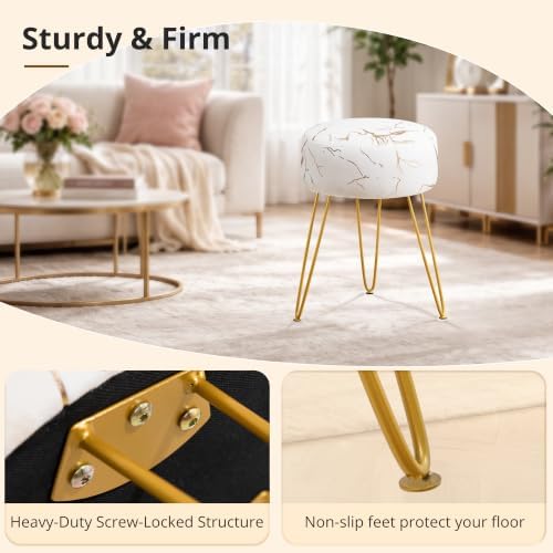 LUE BONA Vanity Stool, Gold Vanity Stools for Makeup Room, Round Ottoman Foot Stool, Velvet Footrest Vanity Chair for Bathroom Vanity, Bedroom, Living Room, Entryway, Offices, 300lbs