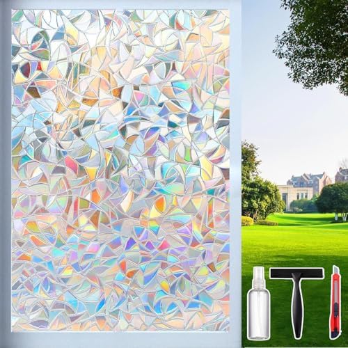 Rainbow Window Privacy Film Decorative, Stained Glass Tint for Home, 3D Decals Clings for Glass Windows, Static Cling Sticker, Suncatcher Cover, 29.5 Inch x 78.74 Inch