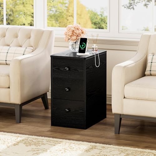 LIKIMIO Nightstand with Charging Station, 3 Drawers Modern for Bedroom