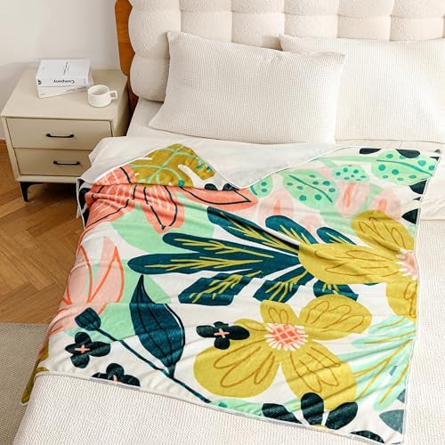Tyrot Boho Floral Flannel Fleece Throw Blanket – Soft, Warm & Lightweight Fuzzy Blanket for Couch, Bed, or Sofa Decor, Cute Botanical Design for Men Women & Girls, 50''x60'', Pink Green