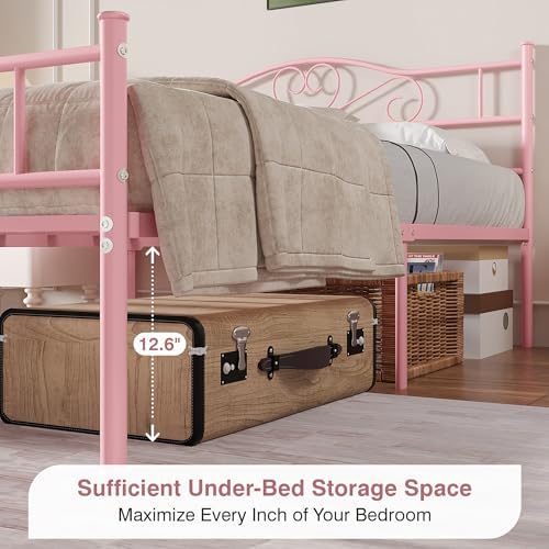 VECELO 14 Inch Full Size Metal Platform Bed Frame with Headboard and Footboard, Heavy Duty Mattress Foundation with Steel Slats Support, No Box Spring Needed, Pink