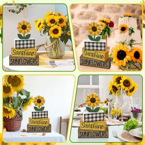 Yuntau 4 Pcs Sunflower Decorations, Wooden Block Sign Tiered Tray Decor