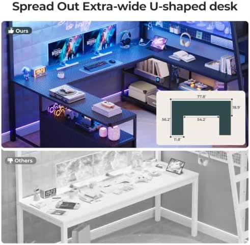ADORNEVE Gaming Loft Bed Full Size with U-Shaped Desk & RGB Cabinet, Black