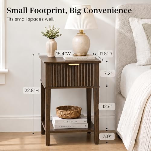 Dark Walnut 15.4" Wide Small Nightstands Set of 2,Drawer Shelf,Fluted