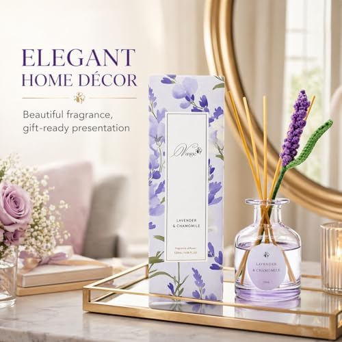 Vangie Lavender & Chamomile Reed Diffuser Set – Decorative Glass Bottle with Handmade Flower Diffuser, Long-Lasting Home Fragrance, Vegan & Cruelty-Free