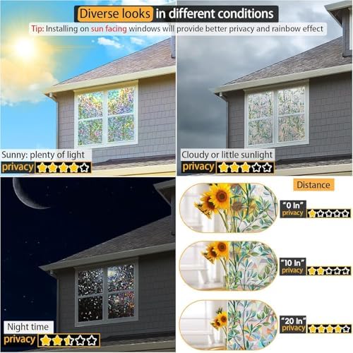Rainbow Privacy Film with Cutting Line, 3D Decals Stained Glass Window Clings, Static Cling Window Sticker, Suncatcher, 23.6" x 78.7"