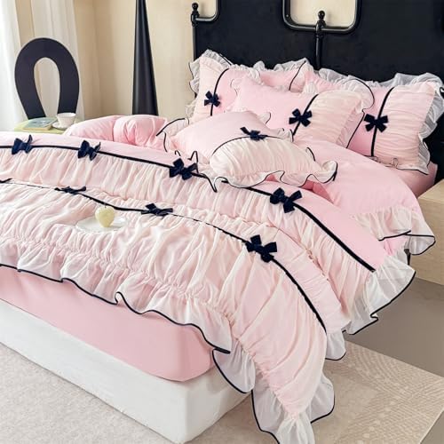 Ruffle Beddding Set with Bowtie,Girls Lace Bedding,Pink Queen Comforter Cover Set, Chic Ruffled Duvet Cover with Lovely Bow,Princess Style 1 Duvet Cover with 2 Pillowcases, No Comforter