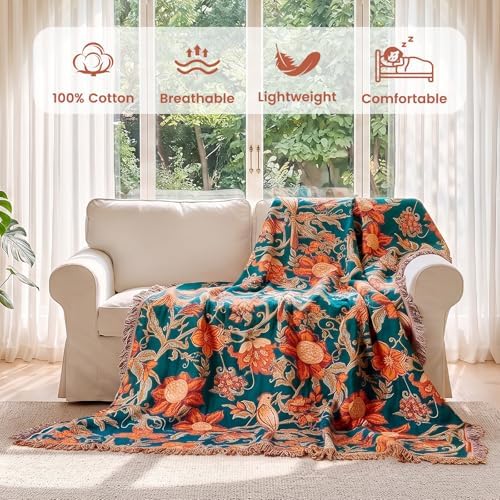 MSGKV Boho Throw Blanket 50"x60" Cotton Bird Floral Blanket for Couch
