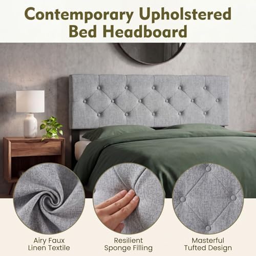 GIANTEX Linen Upholstered Headboard, Queen/Full Size Button Tufted Linen Fabric Head Board with Wood Support Legs, Attach Frame, Width Adjustable Modern Bed Headboard Only (Gray)