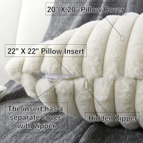 Decorative Throw Pillow with Inserts, Set of 2 Soft Faux Fur Throw Pillows, Square Boho Striped Pillow for Couch, Bed, Sofa Decor (Beige, 20" x 20"(Pack of 2))