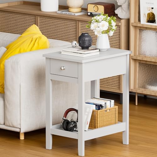SEJOV Narrow Side Table, Small White End Table with Drawer & Storage Shelve