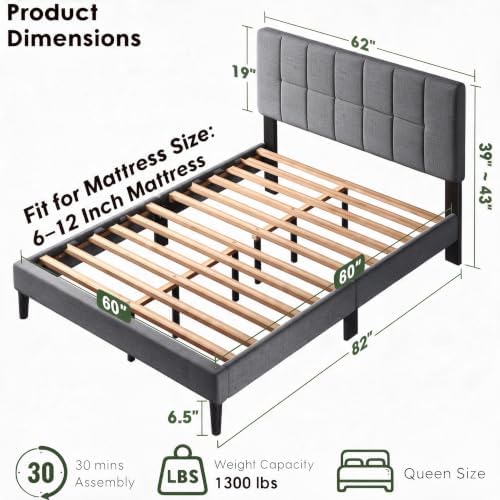 Marsail Upholstered Queen Bed Frame with Headboard, Modern Grey Bed Frame