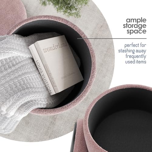 Round Ottoman with Storage, Boucle Storage Ottoman, Foot Stool Ottomans, Makeup Vanity Stool, Small Ottomans Foot Rest, Modern Vanity Stools for Living Room and Bedroom, Pink
