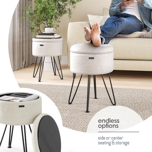 Round Ottoman with Storage, Textured Velvet Storage Ottoman, Foot Stool Ottomans, Makeup Vanity Stool, Small Ottomans Foot Rest, Modern Vanity Stools for Living Room and Bedroom, Cream