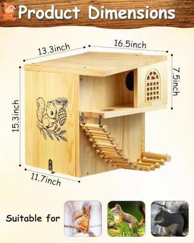 Squirrel House 16.5" Large Heavy Duty Weatherproof Solid Wood Squirrel Nesting Box with Porch, Climbing Ladder & Anti-Predator Latch, Fun Family DIY Assembly Kit Gift, Backyard Outdoor Decor