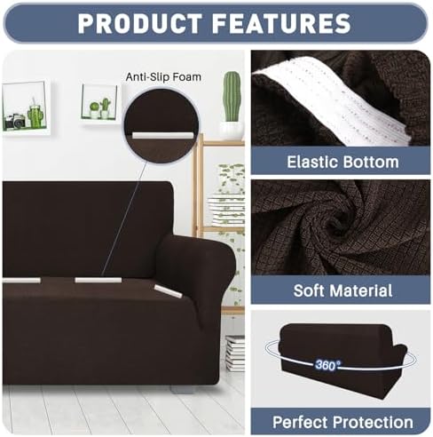 JIVINER High Stretch 1-Piece Jacquard Small Checks Couch Covers for 2 Cushion Couch Anti Slip Love Seat Sofa Covers Loveseat Slipcovers Protector for Kids Pets (Loveseat, Dark Coffee)