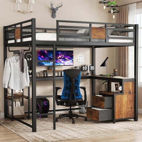 Queen Loft Bed with Desk, 2 Fabric Drawers and 2 Storage Shelves, Metal Heavy Duty Queen Size Loft Bed for Adults, Teens, No Box Spring Needed, Black